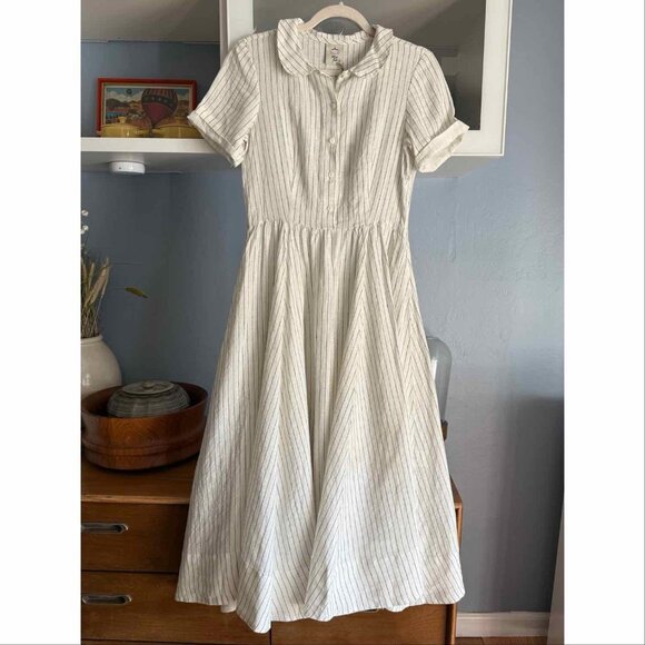 Son de Flor Linen Classic Dress Short Sleeve White w/ Black Striped - Picture 1 of 10